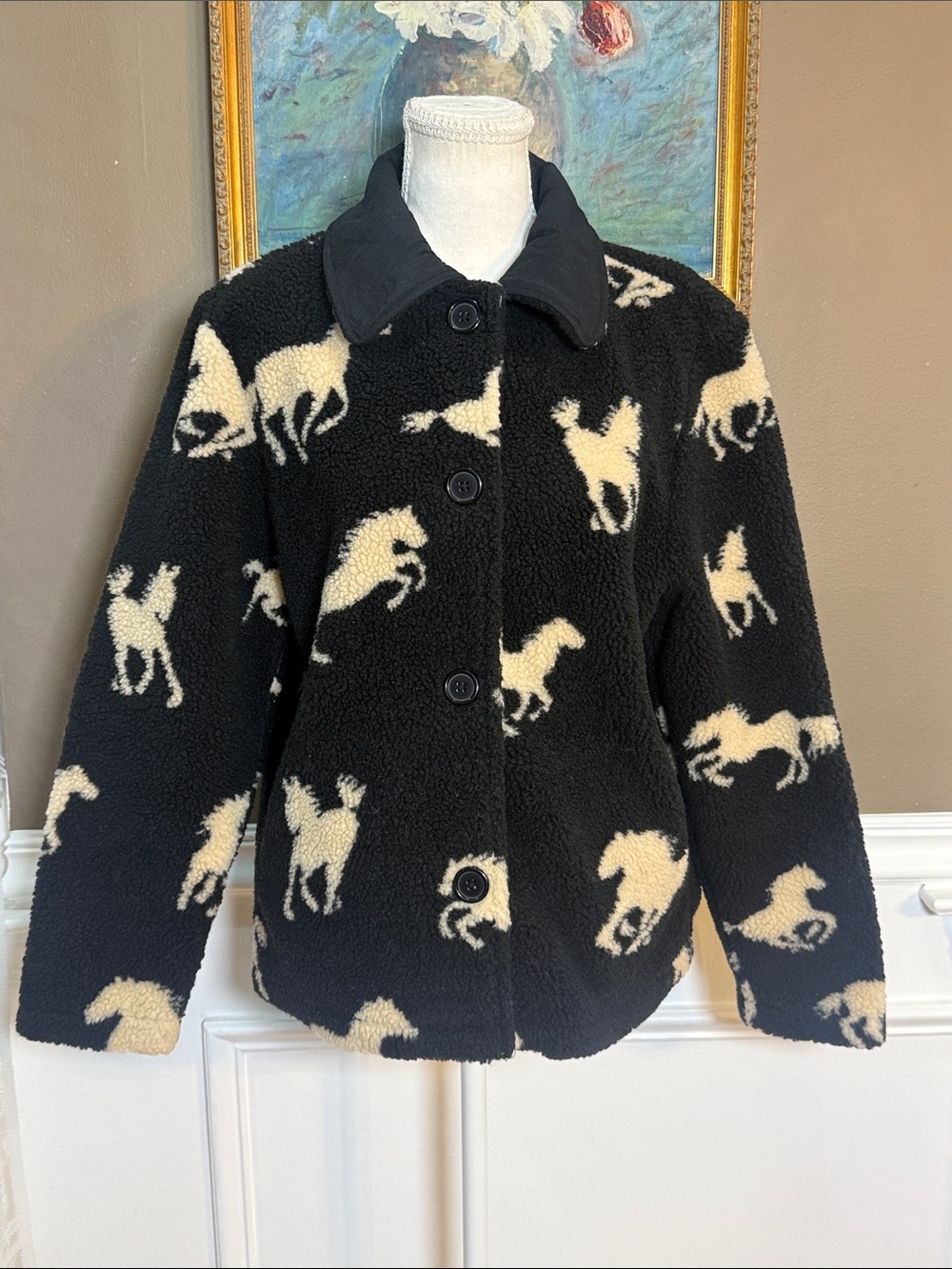 Vintage 90s David Paul New York Horse Teddy Fleece Jacket S Western Equestrian